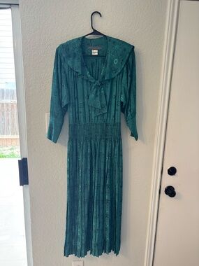 Teal Tie-Neck Midi Dress with Smocked Waist